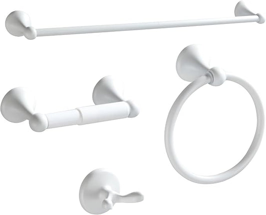 BGL Bathroom Accessories Set, White Paint Expandable Towel Bar 4-Piece Bathroom Accessory Set Wall Mounted Towel Ring Robe Hook Toilet Paper Holder Towel Holder