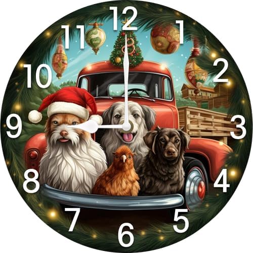 Christmas Dogs Chicken Truck Wall Clock Large Silent Non-Ticking Battery Operated Modern Clocks for Living Room Decor/Bedroom/Office (10x10 in)