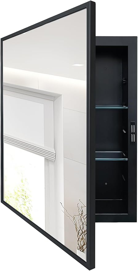 Recessed Medicine Cabinets with Mirror, Black Bathroom Mirror with Storage, Rectangle Medicine Cabinet Vanity Mirrors, Antirust Metal Framed Wall Mirror Recessed or Surface Mount, 16x24 Inch