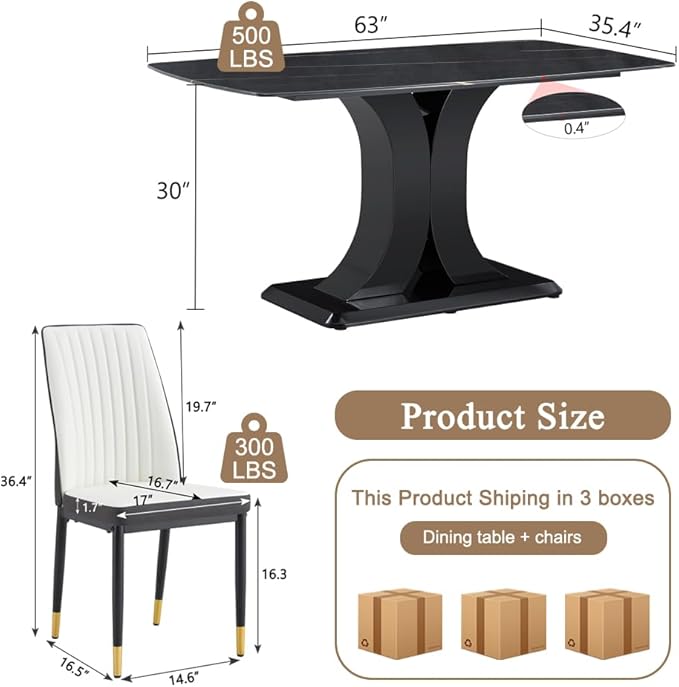Modern Dining Table Set for 4, Marble Kitchen Table Chair Set for 4, Rectangular Kitchen Table with PU Leather Upholstered Chair for Dining Room (Off White-C)