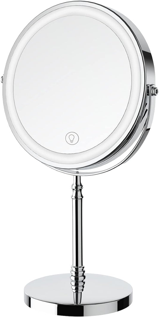 Lighted Makeup Mirror, 3000 mAh Rechargeable Double Sided Magnifying Vanity Mirror with 3 Colors, 1x/10x, 360° Rotation , Brightness Adjustable Magnification Cosmetic Light up Mirror, Women Gift