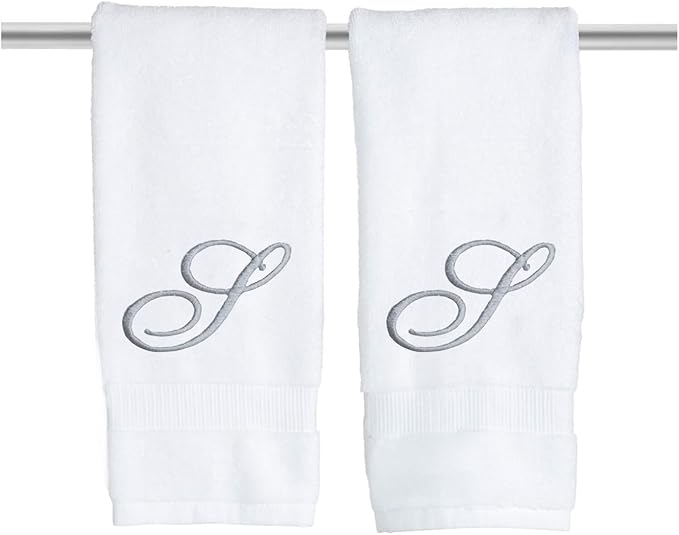 White Monogrammed Hand Towels for Bathroom - Luxury Hotel Quality Personalized Initial Embroidered Towel for Powder Room, Spa - GOTS Organic Certified - Pack of 2 Silver, Letter S