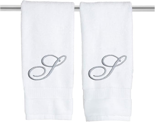 White Monogrammed Hand Towels for Bathroom - Luxury Hotel Quality Personalized Initial Embroidered Towel for Powder Room, Spa - GOTS Organic Certified - Pack of 2 Silver, Letter S