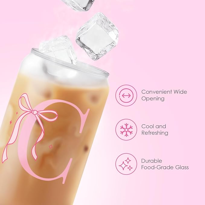SANDJEST Monogrammed Glass Drinking Can Cup with Acrylic Lid and Straw, Personalized Frosted Iced Coffee Tumbler 16oz, Monogram Initial Gifts for Women Girls on Birthday (C)
