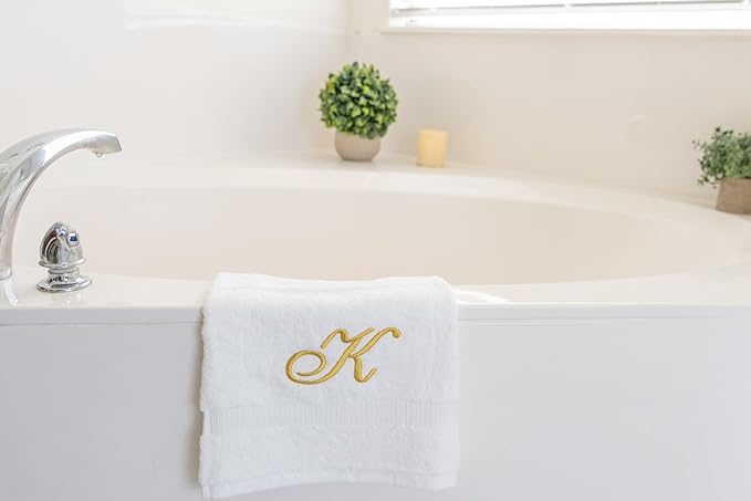 White Monogrammed Hand Towels for Bathroom - Luxury Hotel Quality Personalized Initial Embroidered Towel for Powder Room, Spa - GOTS Organic Certified - Set of 2 Gold Letter K