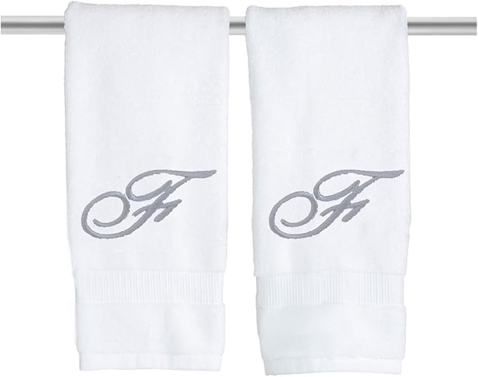 White Monogrammed Hand Towels for Bathroom - Luxury Hotel Quality Personalized Initial Embroidered Towel for Powder Room, Spa - GOTS Organic Certified - Set of 2 Silver Letter F