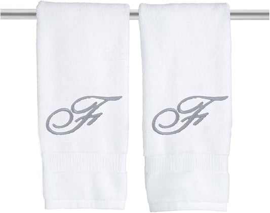 White Monogrammed Hand Towels for Bathroom - Luxury Hotel Quality Personalized Initial Embroidered Towel for Powder Room, Spa - GOTS Organic Certified - Set of 2 Silver Letter F