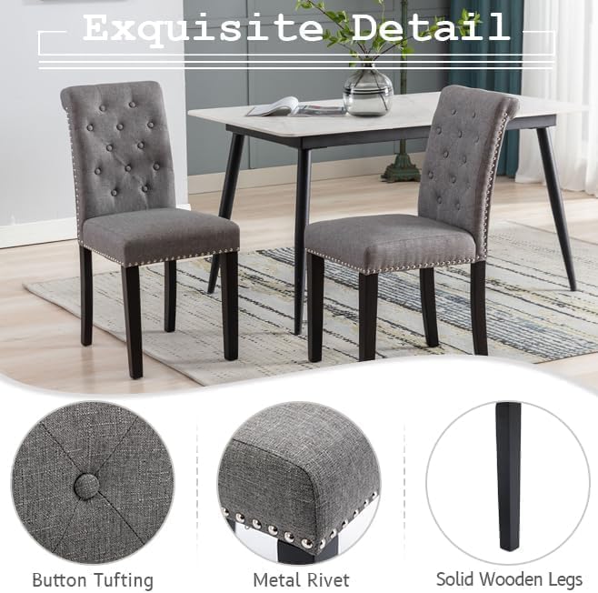 Westice Dining Room Chairs Set of 6 Upholstered Fabric Kitchen Chairs Dining Room Side Chair with Nailhead Trim and Rubber Wood Legs for Small Space Apartment, Gray