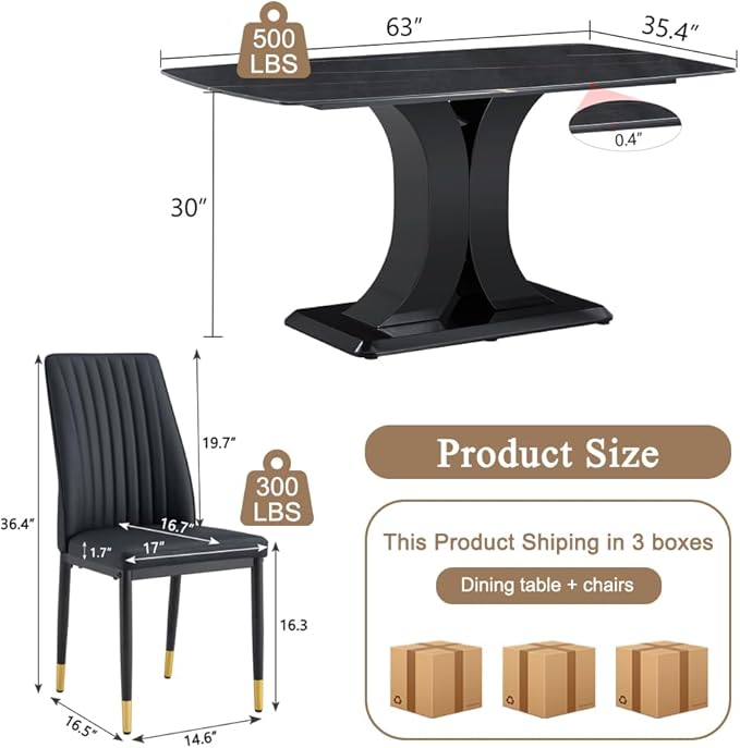Modern Dining Table Set for 6, Marble Kitchen Table Chair Set for 6, Rectangular Kitchen Table with 6 Pu Leather Upholstered Chair for Dining Room (Black)