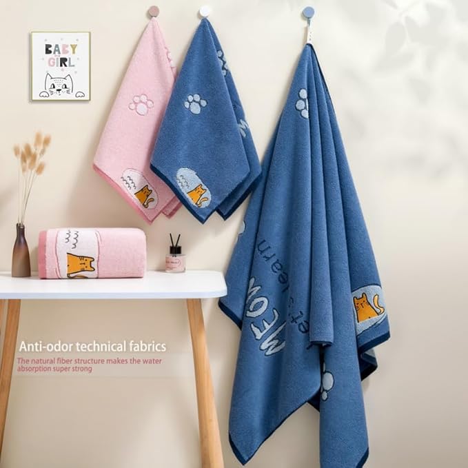 Ultra Soft Cotton Cat Bath Towel - Large 59x29 Meow Print & Cat Paw, Quick Dry Absorbent,for Shower, Beach, Pool & Travel.2 Pack Blue.