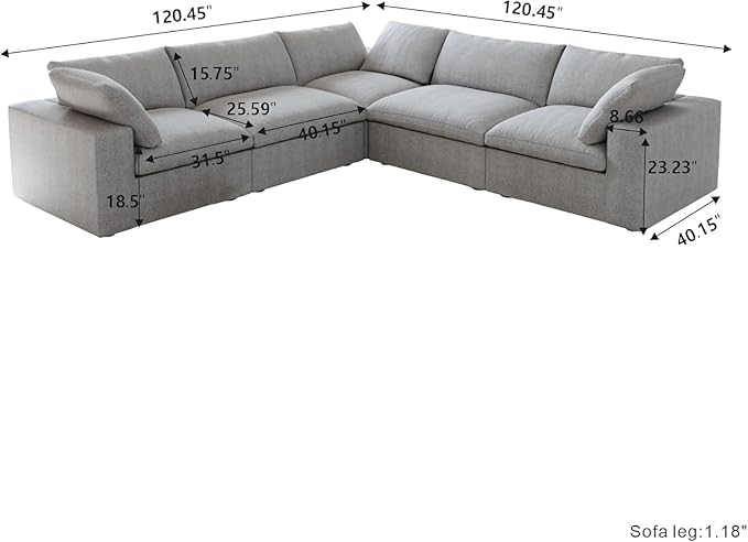 JACH V-Shaped Cloud Sectional Couch for Living Room, 5-Seats Modular Convertible Sofas, Sofa Covers Removable, Cloud Sofa for Living Room, Apartment (Grey)