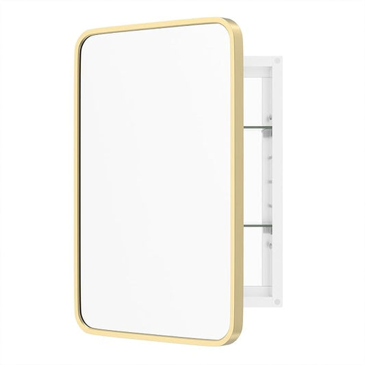 WallBeyond Bathroom Medicine Cabinet with Mirror, 16x24 Inch Gold Recessed Medicine Cabinet with Round Corner Aluminum Alloy Metal Framed.