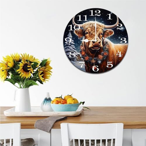 Cow with Christmas Wall Clock Large Silent Non-Ticking Battery Operated Modern Clocks for Living Room Decor/Bedroom/Office (12x12 in)
