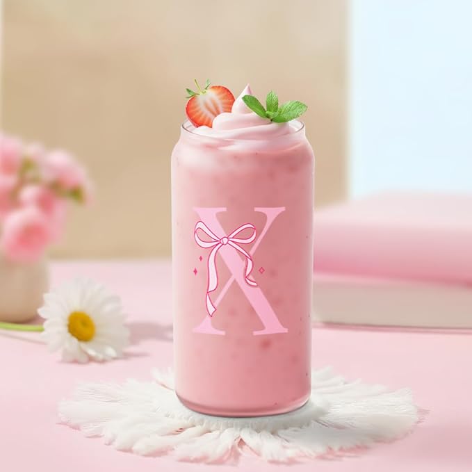 SANDJEST Monogrammed Glass Drinking Can Cup with Acrylic Lid and Straw, Personalized Frosted Iced Coffee Tumbler 16oz, Monogram Initial Gifts for Women Girls on Birthday (X)