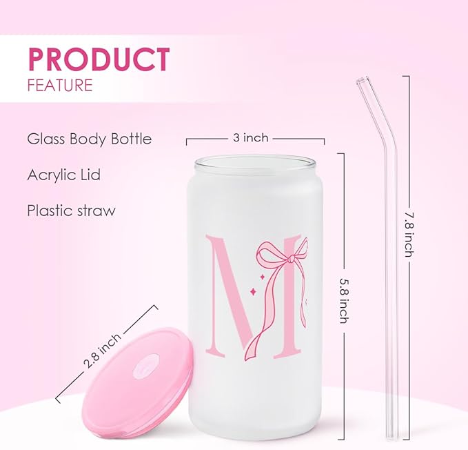 SANDJEST Monogrammed Glass Drinking Can Cup with Acrylic Lid and Straw, Personalized Frosted Iced Coffee Tumbler 16oz, Monogram Initial Gifts for Women Girls on Birthday (M)