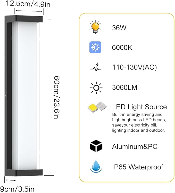 Sytmhoe 10%-100% Dimming LED Modern Outdoor Wall Light, 23.6in 6000K Dimmable Porch & Patio Wall Light Fixture,Black Aluminum&Dual PC Wall Lights Suitable for Garage Living Room Courtyard House(6000K)