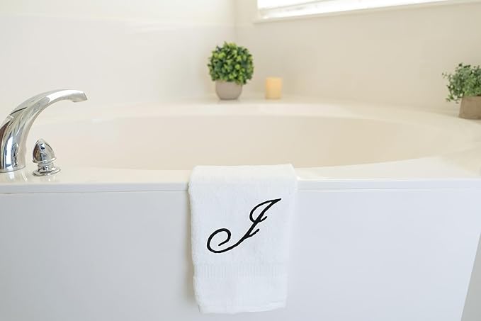 White Monogrammed Hand Towels for Bathroom - Luxury Hotel Quality Personalized Initial Embroidered Towel for Powder Room, Spa - GOTS Organic Certified - Set of 2 Black Letter J