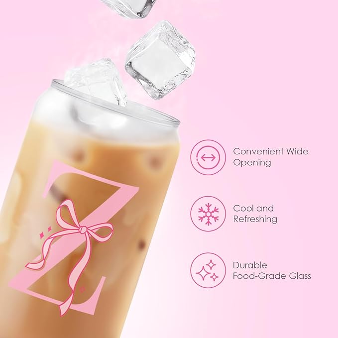SANDJEST Monogrammed Glass Drinking Can Cup with Acrylic Lid and Straw, Personalized Frosted Iced Coffee Tumbler 16oz, Monogram Initial Gifts for Women Girls on Birthday (Z)