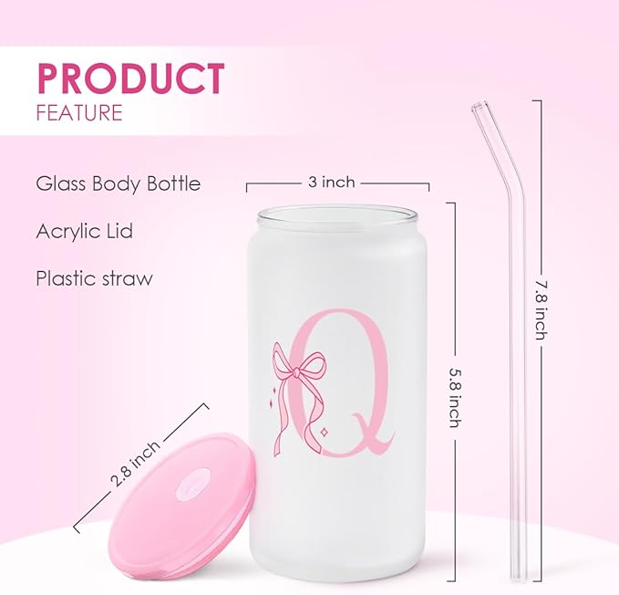 SANDJEST Monogrammed Glass Drinking Can Cup with Acrylic Lid and Straw, Personalized Frosted Iced Coffee Tumbler 16oz, Monogram Initial Gifts for Women Girls on Birthday (Q)