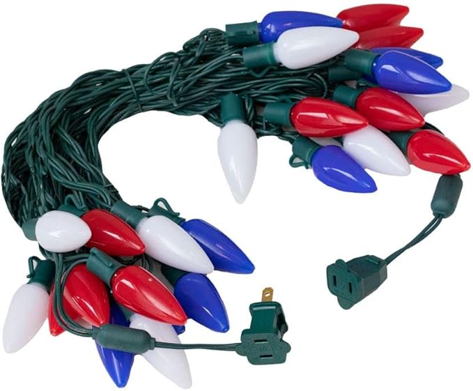 Novelty Lights 25 Feet 25 Light C9 Ceramic Style LED String Lights, Red/Pure White/Blue, Pre-Lamped Patriotic Lights on Green Wire, UL Listed Indoor/Outdoor, Connectable End-to-End