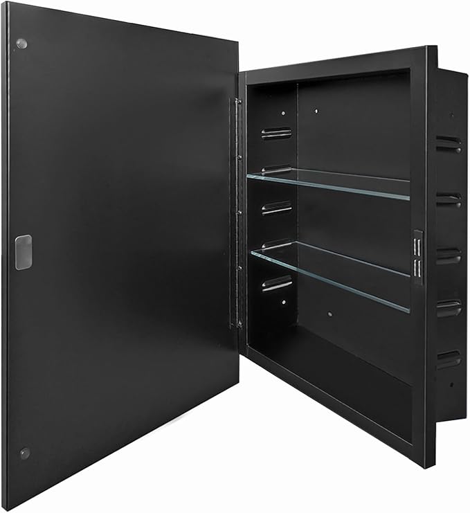 Recessed Medicine Cabinets with Mirror, Black Bathroom Mirror with Storage, Rectangle Medicine Cabinet Mirror, Metal Framed Wall Mirror Recessed or Surface Mount, 20x26 Inch