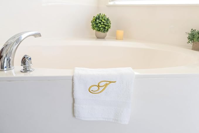 White Monogrammed Hand Towels for Bathroom - Luxury Hotel Quality Personalized Initial Embroidered Towel for Powder Room, Spa - GOTS Organic Certified - Set of 2 Gold Letter T