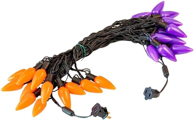 Novelty Lights 25 Feet 25 Light C9 Ceramic Style LED String Lights, Purple/Orange, Pre-Lamped Halloween Lights on Black Wire, UL Listed Indoor/Outdoor, Connectable End-to-End