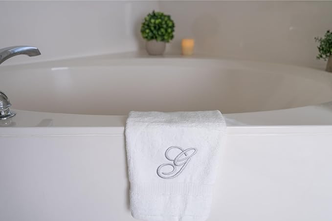 White Monogrammed Hand Towels for Bathroom - Luxury Hotel Quality Personalized Initial Embroidered Towel for Powder Room, Spa - GOTS Organic Certified - Set of 2 Silver Letter G