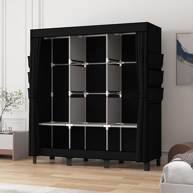 Portable Wardrobe, Clothes Organizer, Easy Hanger Wardrobe, Multiple Dividers and 3 Drawers, 6 Side Pockets Large Capacity (Black)