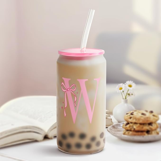 SANDJEST Monogrammed Glass Drinking Can Cup with Acrylic Lid and Straw, Personalized Frosted Iced Coffee Tumbler 16oz, Monogram Initial Gifts for Women Girls on Birthday (W)