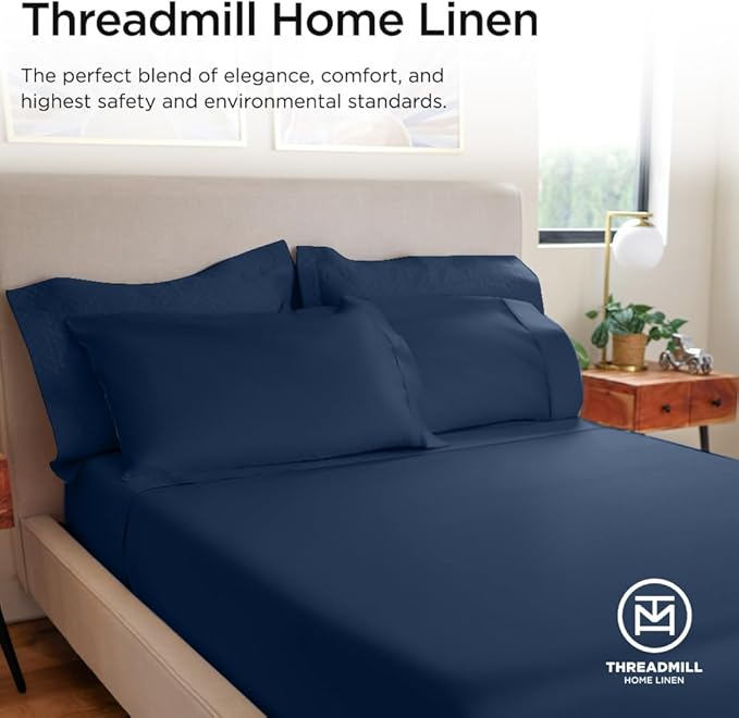 Threadmill 100% Cotton Sheets for Queen Size Bed - 600 Thread Count Queen Bed Sheets Set with 16” Deep Pocket - Sateen Weave 4-Piece Bedding Set with Cooling Effect, Folkstone Blue