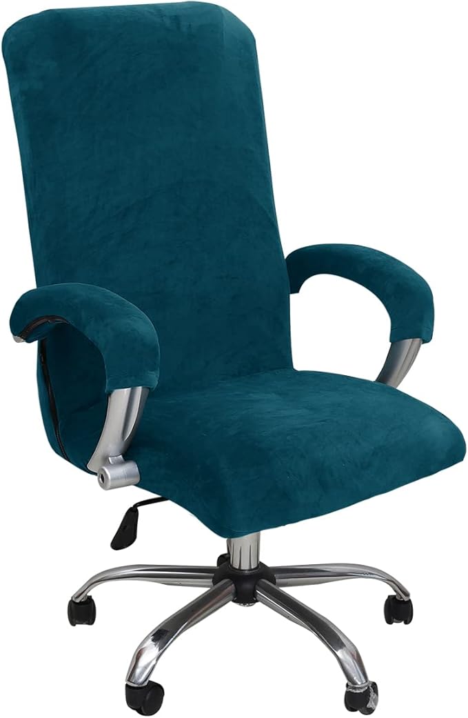Velvet Plush Office Computer Chair Cover Ergonomic - Cat Proof Stretchable Protector for Mesh Office Desk Chair with Wheels and Armrest - Comfy Executive Office Chair for Adults, Dark Blue, XL