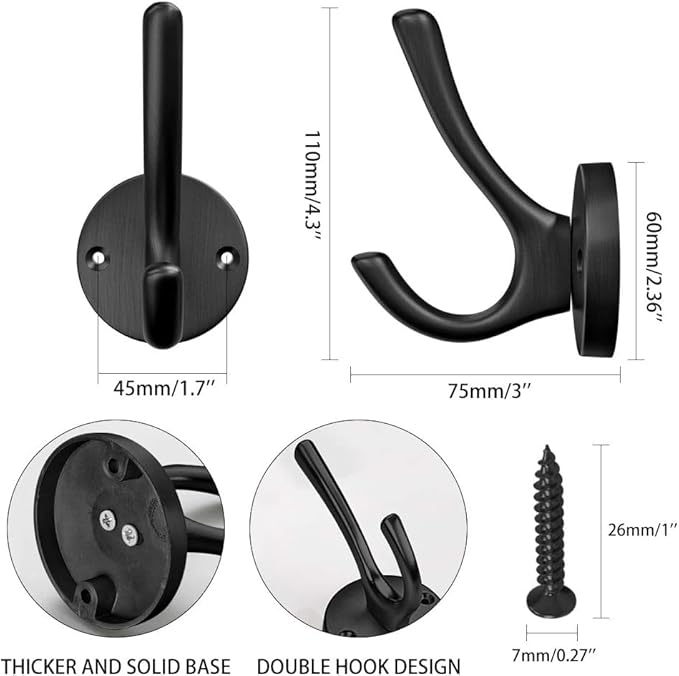 ZUONAI Black Coat Hooks 4 Pack Matte Black Hooks for Hanging Coats and Hat Hook Door Towel Hooks for Bathrooms Wall Mounted Double Metal Robe Hook Kitchen Hanger Sturdy Coat Locker Single