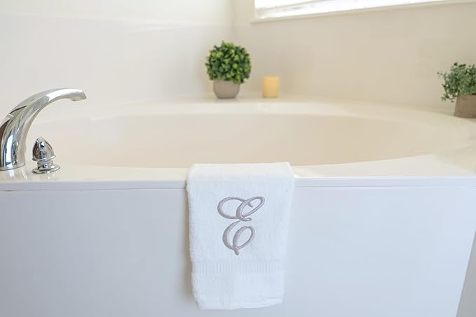 White Monogrammed Hand Towels for Bathroom - Luxury Hotel Quality Personalized Initial Embroidered Towel for Powder Room, Spa - GOTS Organic Certified - Set of 2 Silver Letter E