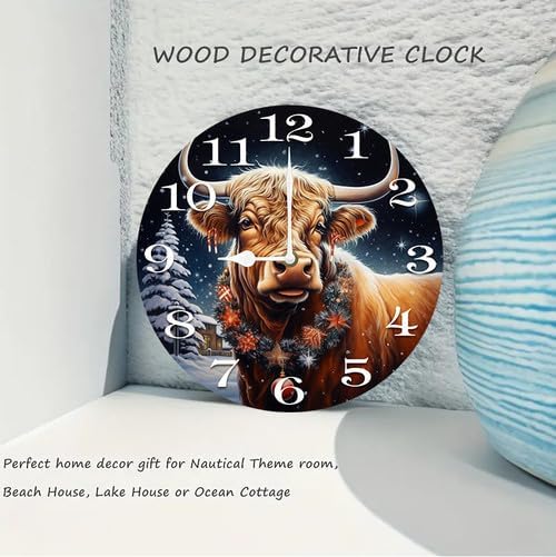 Cow with Christmas Wall Clock Large Silent Non-Ticking Battery Operated Modern Clocks for Living Room Decor/Bedroom/Office (10x10 in)