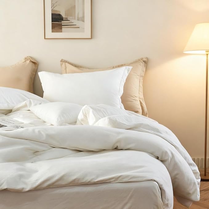Simple&Opulence French Linen Duvet Cover Set 104"x 98"- 3 Pieces (1 Comforter Cover,2 Pillowcases)-Natural Flax Cotton Blend-Solid Color Breathable Farmhouse Bedding-Off White,California King