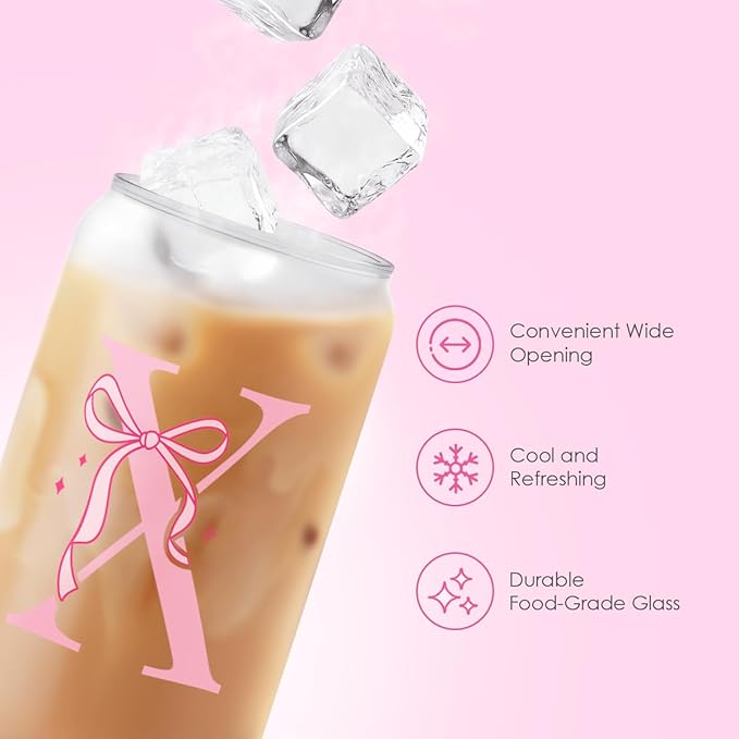 SANDJEST Monogrammed Glass Drinking Can Cup with Acrylic Lid and Straw, Personalized Frosted Iced Coffee Tumbler 16oz, Monogram Initial Gifts for Women Girls on Birthday (X)