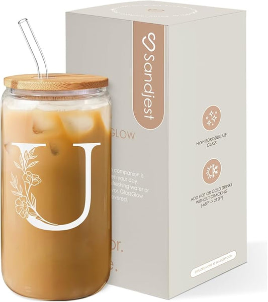 SANDJEST Monogrammed Gifts for Women - Monogram U Initial Glass Cup 16 Oz Can Coffee Cups with Lid and Straw - Monogram Initials Gifts for Womens on Birthday