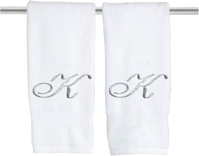 White Monogrammed Hand Towels for Bathroom - Luxury Hotel Quality Personalized Initial Embroidered Towel for Powder Room, Spa - GOTS Organic Certified - Set of 2 Silver Letter K