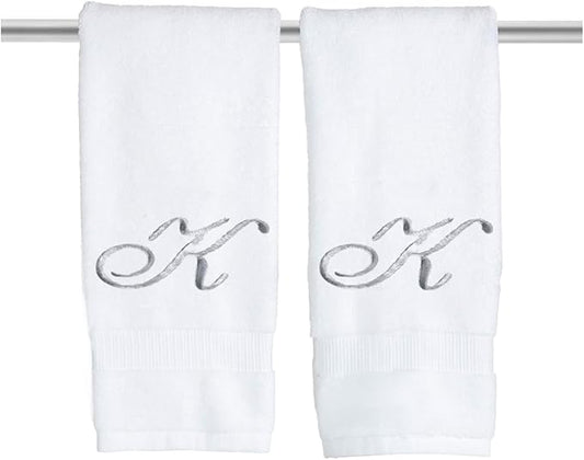 White Monogrammed Hand Towels for Bathroom - Luxury Hotel Quality Personalized Initial Embroidered Towel for Powder Room, Spa - GOTS Organic Certified - Set of 2 Silver Letter K