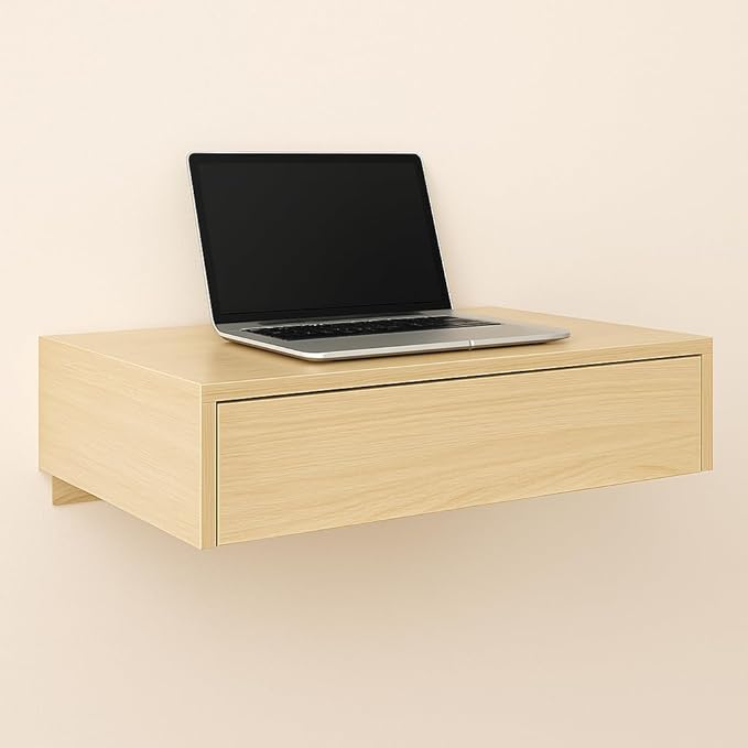 Sleekform Floating Desk for Wall with Drawer - 30x16x6 in. Floating Drawers, Wall Mounted Desk or Vanity Makeup Table, Modern White Oak Patterned Laminate