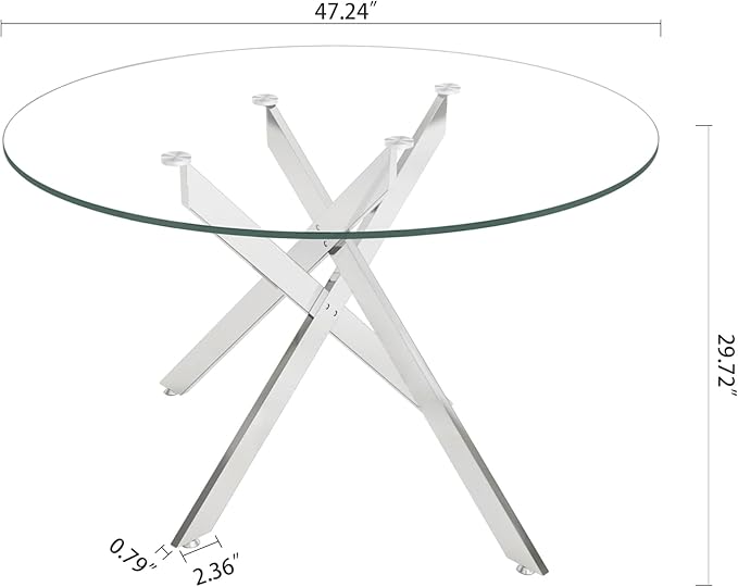 47.24" Round Glass Dining Room Table for 6 with Tempered Glass Top and Silver Metal Legs, Modern Clear Kitchen and Dinner Table for Home Office Dining Room