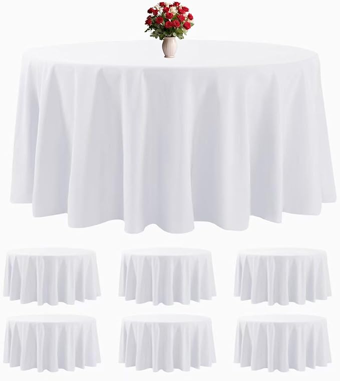 6 Pack White Round Tablecloths 120 Inches Table Cloth Stain and Wrinkle Resistant Washable Polyester Table Cover Fabric for Party, Wedding,Dining,and Banquet Decoration