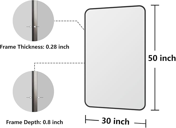 Koonmi Bathroom Mirror, 30X50 Brushed Black Rectangle Wall Mirror, HD Tempered Glass, Anti-Rust Frame Vanity Mirror, Rounded Rectangle Mirror for Restroom, Bedroom, Hangs Horizontal or Vertical