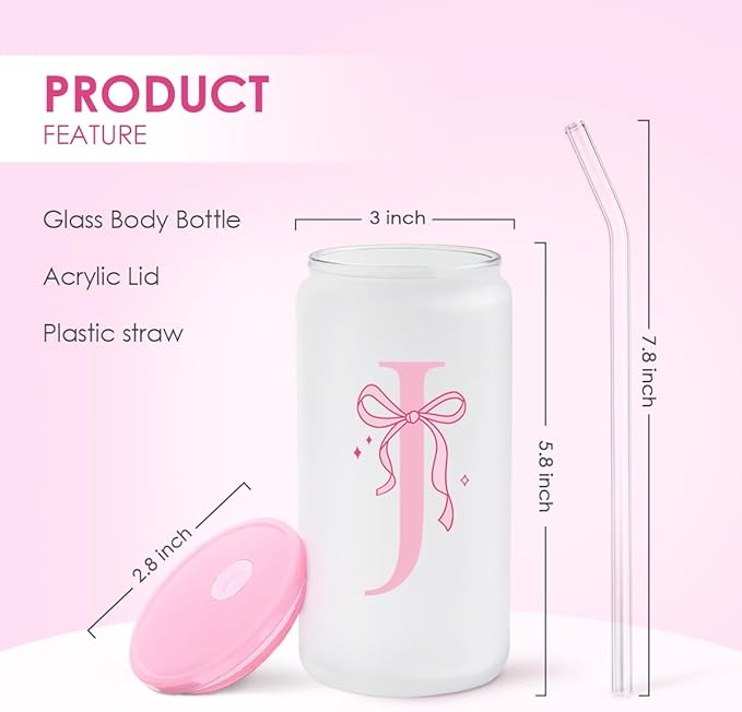 SANDJEST Monogrammed Glass Drinking Can Cup with Acrylic Lid and Straw, Personalized Frosted Iced Coffee Tumbler 16oz, Monogram Initial Gifts for Women Girls on Birthday (J)