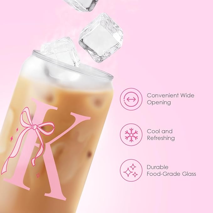 SANDJEST Monogrammed Glass Drinking Can Cup with Acrylic Lid and Straw, Personalized Frosted Iced Coffee Tumbler 16oz, Monogram Initial Gifts for Women Girls on Birthday (K)