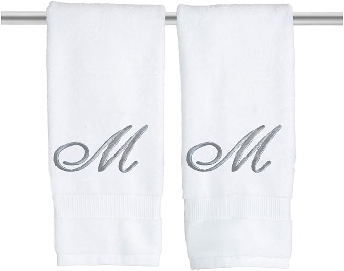 White Monogrammed Hand Towels for Bathroom - Luxury Hotel Quality Personalized Initial Embroidered Towel for Powder Room, Spa - GOTS Organic Certified - Pack of 2 Silver, Letter M