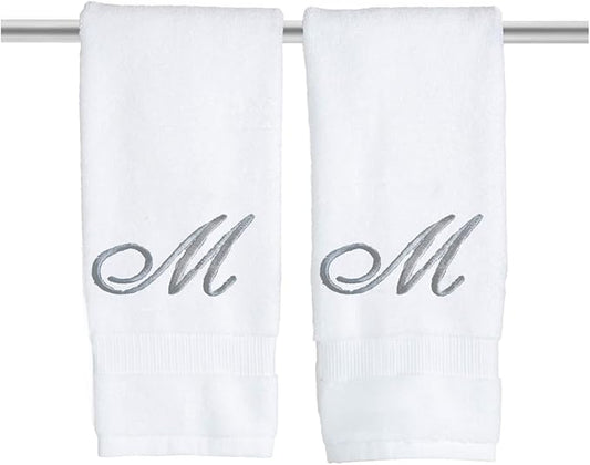 White Monogrammed Hand Towels for Bathroom - Luxury Hotel Quality Personalized Initial Embroidered Towel for Powder Room, Spa - GOTS Organic Certified - Pack of 2 Silver, Letter M