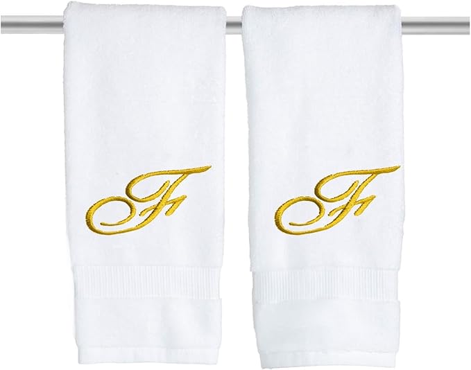White Monogrammed Hand Towels for Bathroom - Luxury Hotel Quality Personalized Initial Embroidered Towel for Powder Room, Spa - GOTS Organic Certified - Set of 2 Gold Letter F