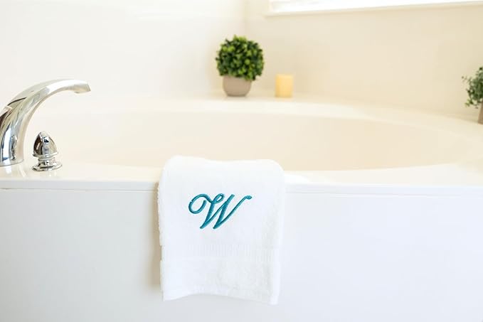 White Monogrammed Hand Towels for Bathroom - Luxury Hotel Quality Personalized Initial Embroidered Towel for Powder Room, Spa - GOTS Organic Certified - Set of 2 Teal Letter W